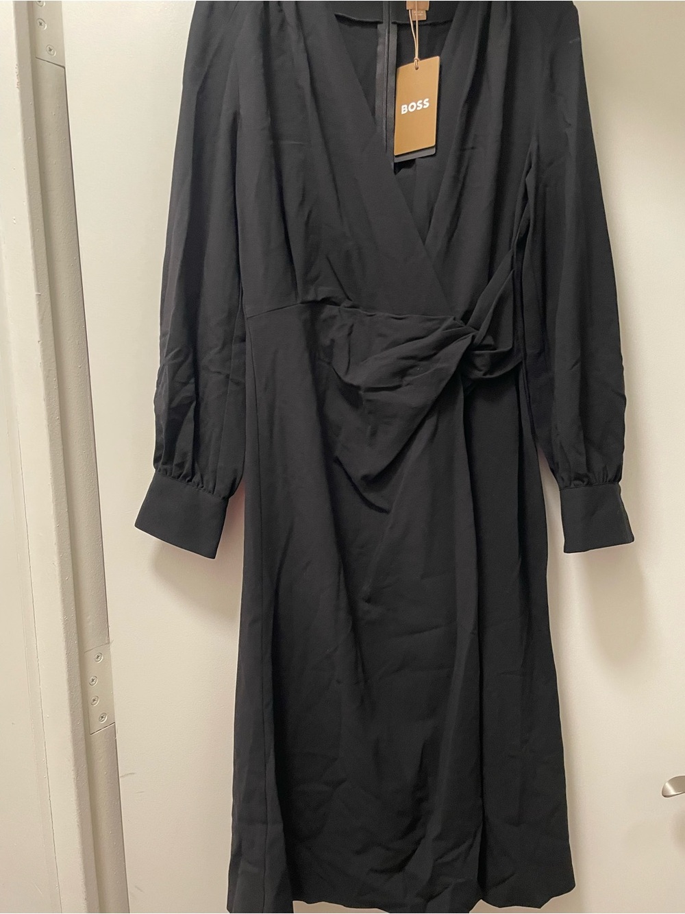 BOSS Black Long-Sleeve Wrap Dress with Waist Tie